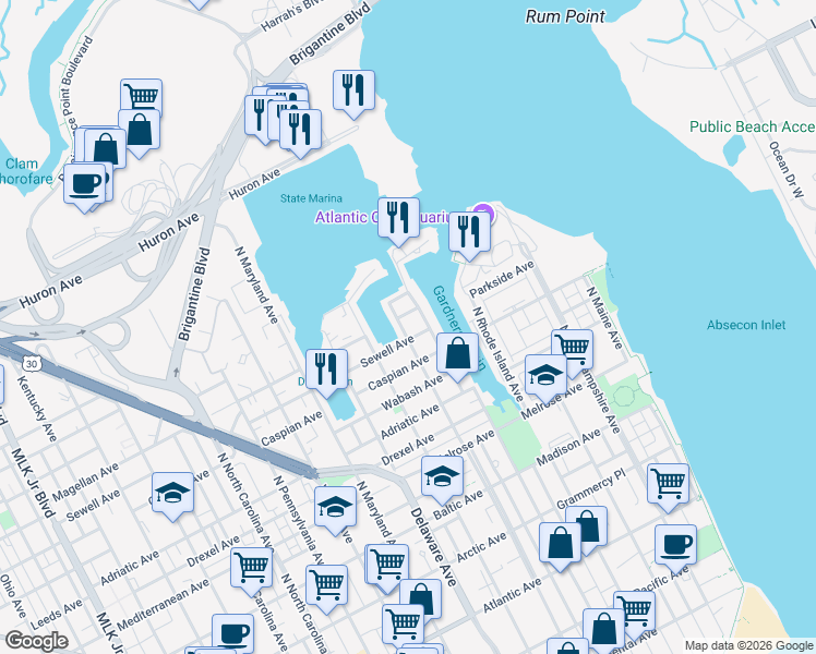 map of restaurants, bars, coffee shops, grocery stores, and more near 508 Sewell Avenue in Atlantic City