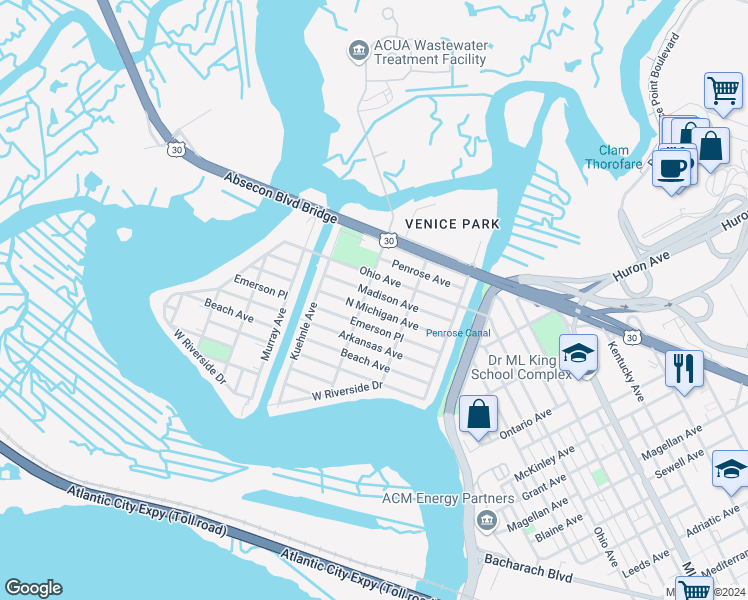 map of restaurants, bars, coffee shops, grocery stores, and more near 1511 North Michigan Avenue in Atlantic City