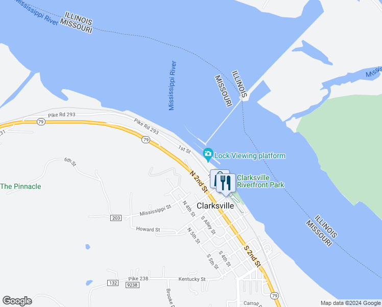 map of restaurants, bars, coffee shops, grocery stores, and more near 406 North 2nd Street in Clarksville