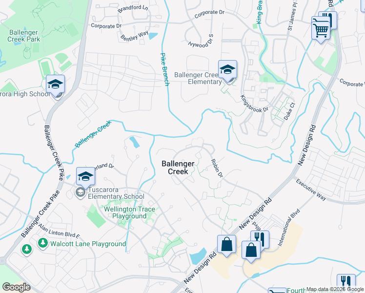 map of restaurants, bars, coffee shops, grocery stores, and more near 6702 Mallard Court in Frederick