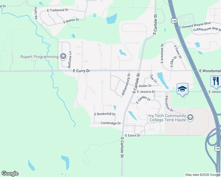 map of restaurants, bars, coffee shops, grocery stores, and more near 900 East Monticello Drive in Terre Haute
