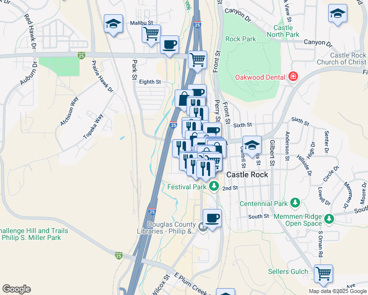 map of restaurants, bars, coffee shops, grocery stores, and more near 109 Fourth Street in Castle Rock
