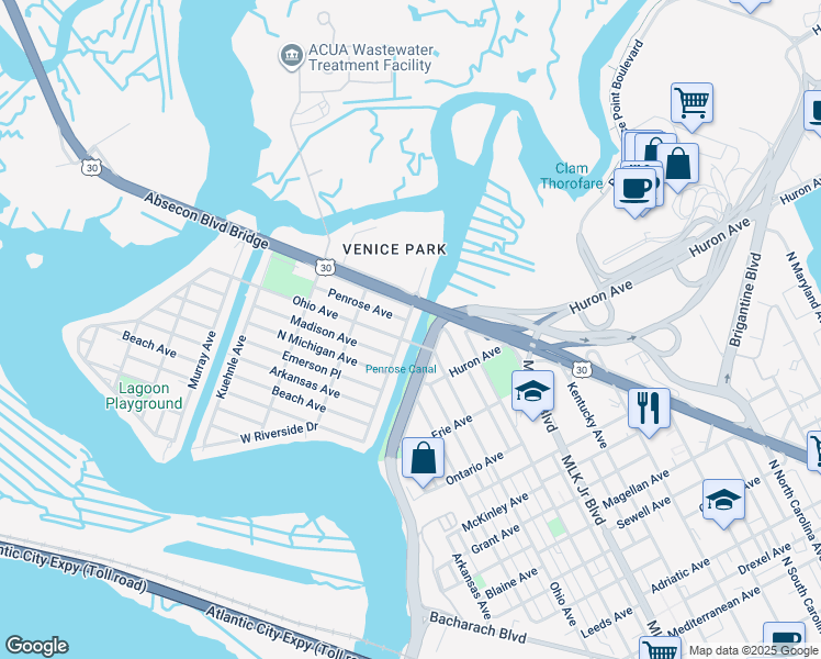 map of restaurants, bars, coffee shops, grocery stores, and more near 1822 East Riverside Drive in Atlantic City