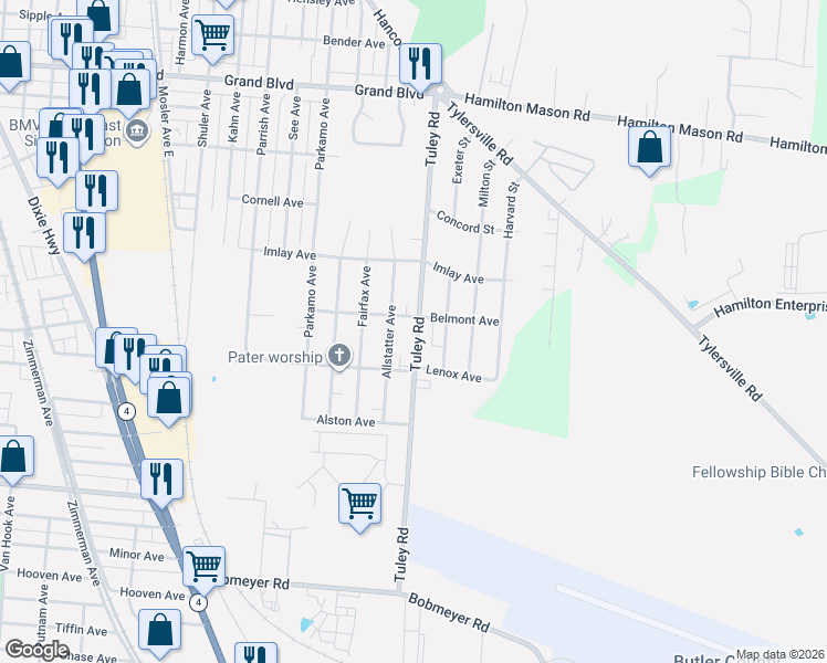 map of restaurants, bars, coffee shops, grocery stores, and more near 2033 Tuley Road in Hamilton