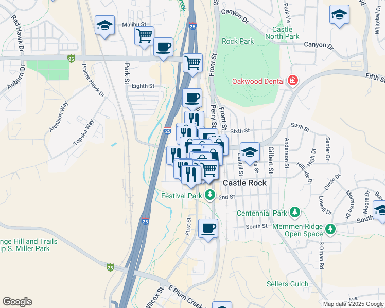 map of restaurants, bars, coffee shops, grocery stores, and more near 213 Fourth Street in Castle Rock