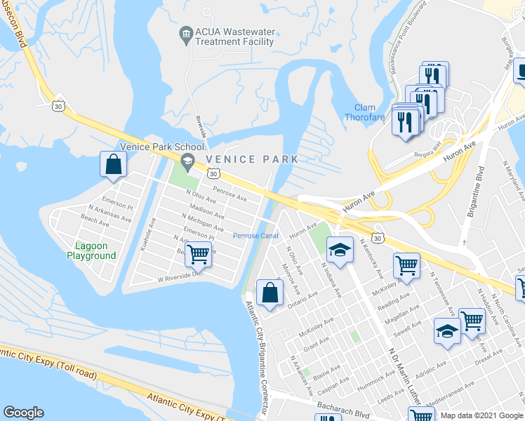 map of restaurants, bars, coffee shops, grocery stores, and more near 1822 East Riverside Drive in Atlantic City