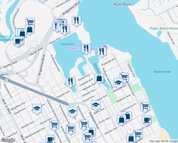 map of restaurants, bars, coffee shops, grocery stores, and more near 508 Sewell Avenue in Atlantic City