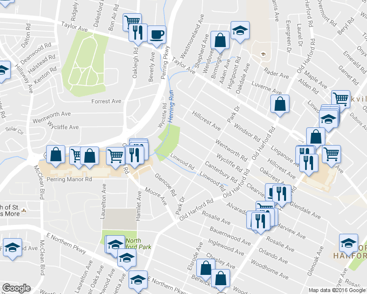 map of restaurants, bars, coffee shops, grocery stores, and more near 2510 Canterbury Road in Parkville