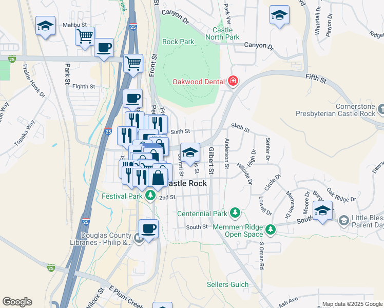 map of restaurants, bars, coffee shops, grocery stores, and more near 615 Fourth Street in Castle Rock