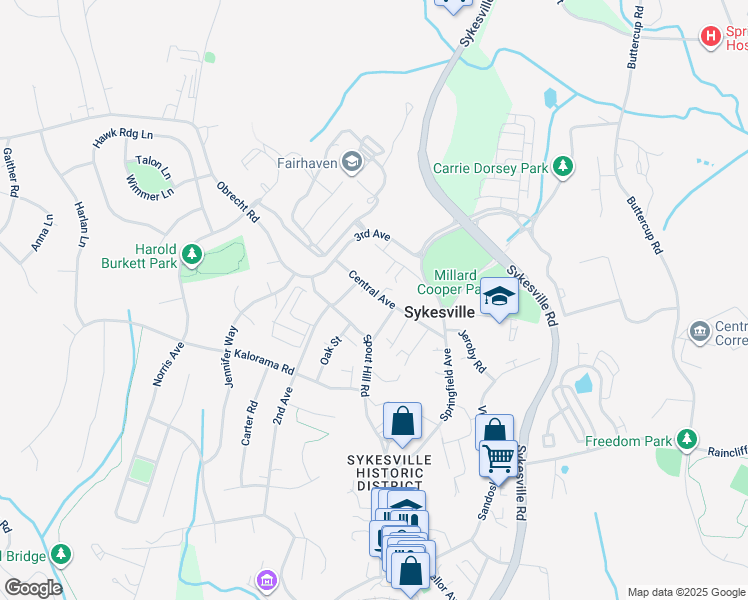 map of restaurants, bars, coffee shops, grocery stores, and more near 733 Central Avenue in Sykesville