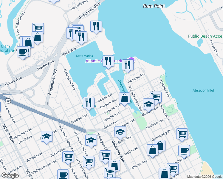 map of restaurants, bars, coffee shops, grocery stores, and more near 508 Sewell Avenue in Atlantic City