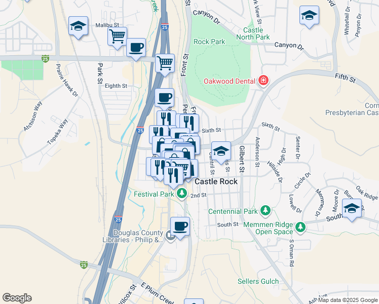 map of restaurants, bars, coffee shops, grocery stores, and more near 403 Perry Street in Castle Rock