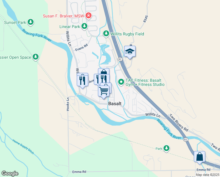 map of restaurants, bars, coffee shops, grocery stores, and more near 336 Park Avenue in Basalt