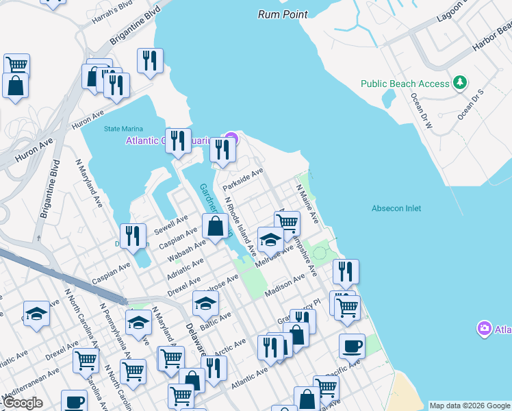 map of restaurants, bars, coffee shops, grocery stores, and more near 40 Anchorage Court in Atlantic City