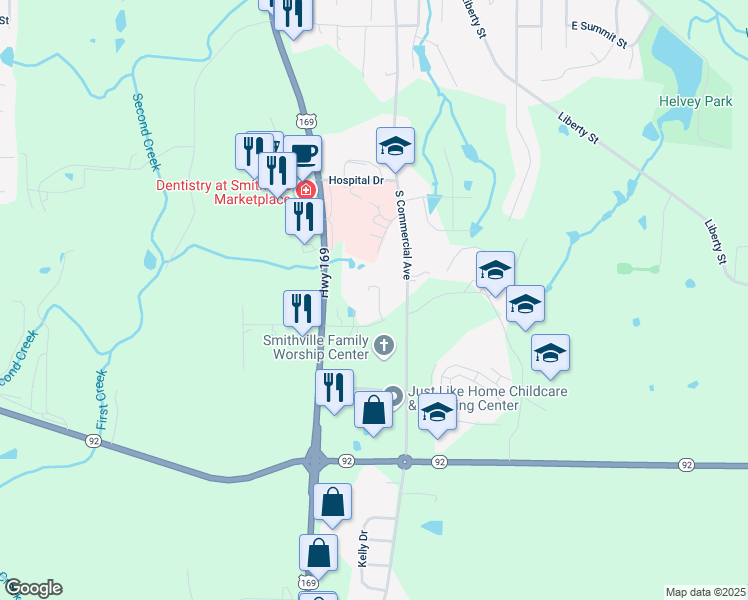 map of restaurants, bars, coffee shops, grocery stores, and more near 708 South Commercial Avenue in Smithville