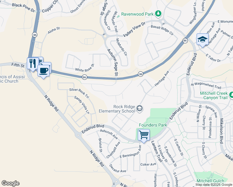 map of restaurants, bars, coffee shops, grocery stores, and more near 4170 Colorado 86 in Castle Rock
