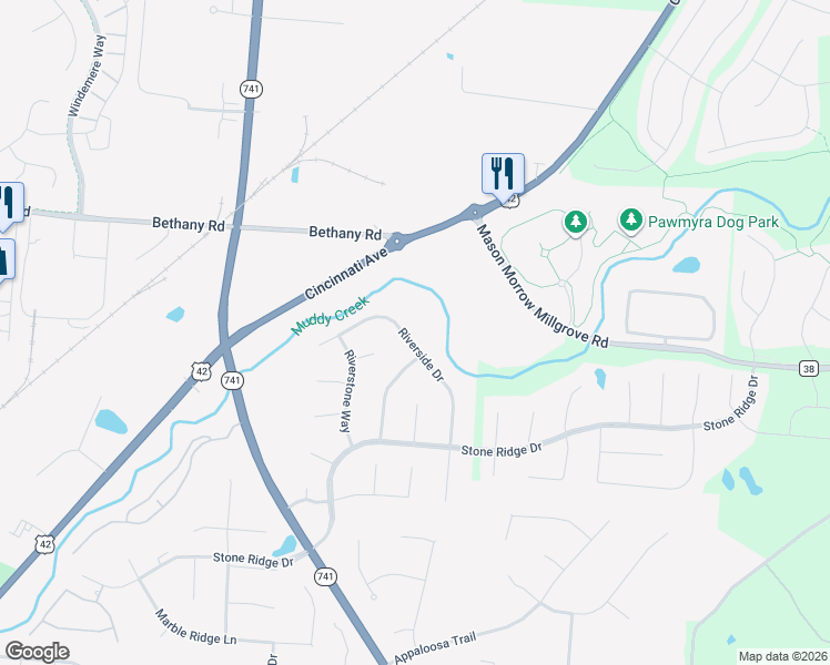 map of restaurants, bars, coffee shops, grocery stores, and more near 3634 Riverside Drive in Mason