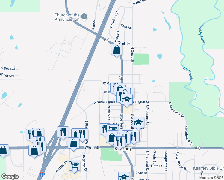 map of restaurants, bars, coffee shops, grocery stores, and more near 104 West Major Street in Kearney