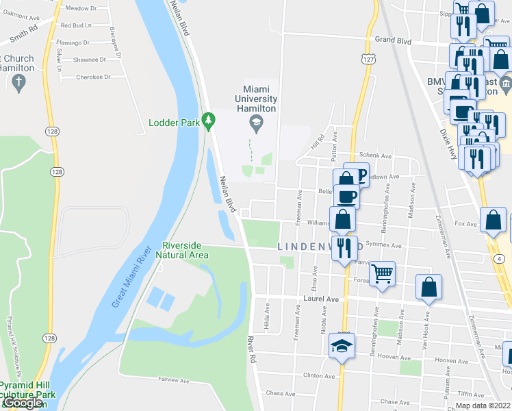 map of restaurants, bars, coffee shops, grocery stores, and more near 123 Garfield Avenue in Hamilton