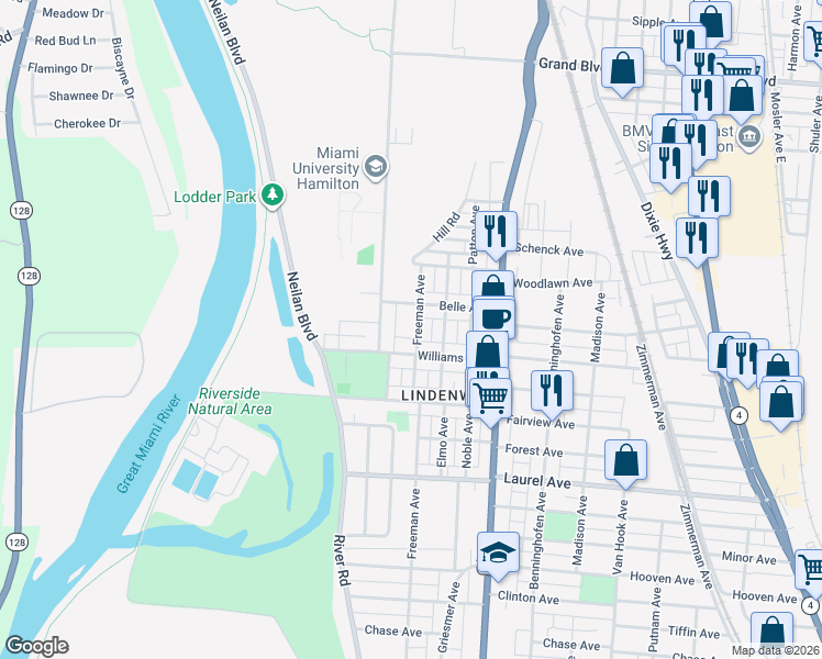 map of restaurants, bars, coffee shops, grocery stores, and more near 215 Belle Avenue in Hamilton