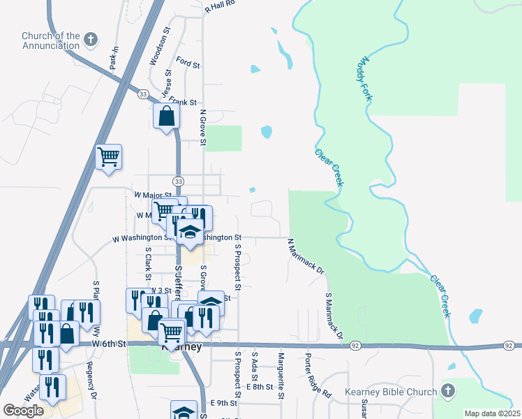map of restaurants, bars, coffee shops, grocery stores, and more near 303 North Grove Terrace in Kearney