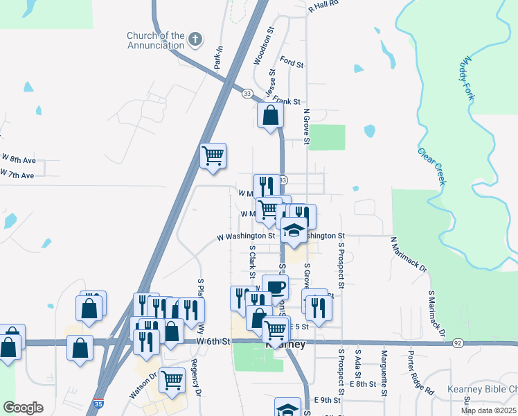 map of restaurants, bars, coffee shops, grocery stores, and more near 104 West Major Street in Kearney