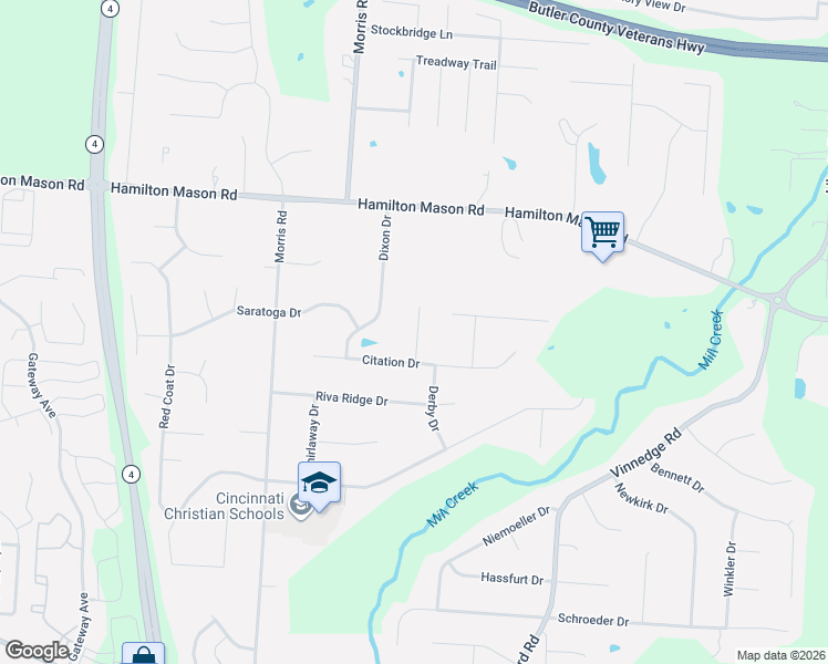 map of restaurants, bars, coffee shops, grocery stores, and more near 7393 Preakness Lane in Hamilton