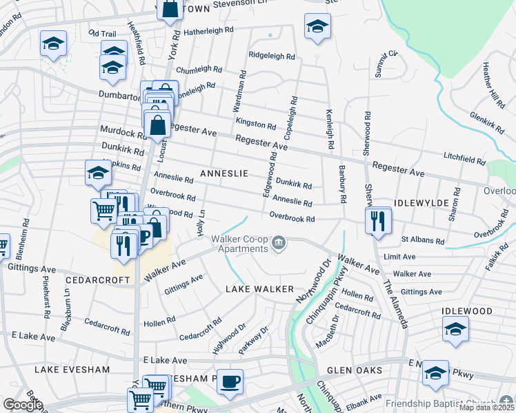 map of restaurants, bars, coffee shops, grocery stores, and more near 636 Overbrook Road in Baltimore