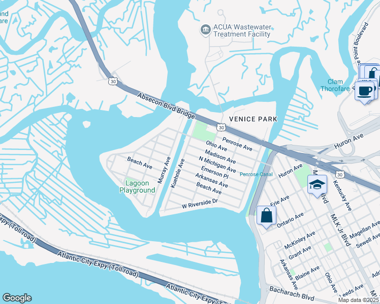 map of restaurants, bars, coffee shops, grocery stores, and more near 1907 Kuehnle Avenue in Atlantic City