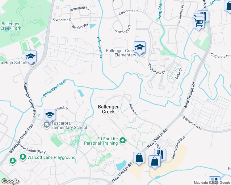 map of restaurants, bars, coffee shops, grocery stores, and more near 6724 Mallard Court in Frederick