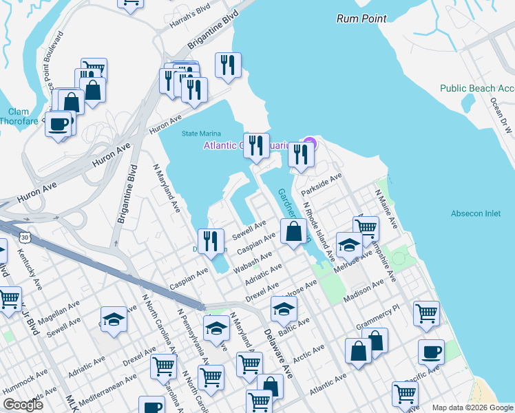 map of restaurants, bars, coffee shops, grocery stores, and more near 515 Barrett Avenue in Atlantic City