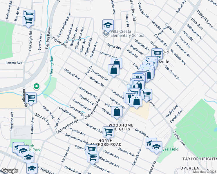 map of restaurants, bars, coffee shops, grocery stores, and more near 7701 Old Harford Road in Parkville