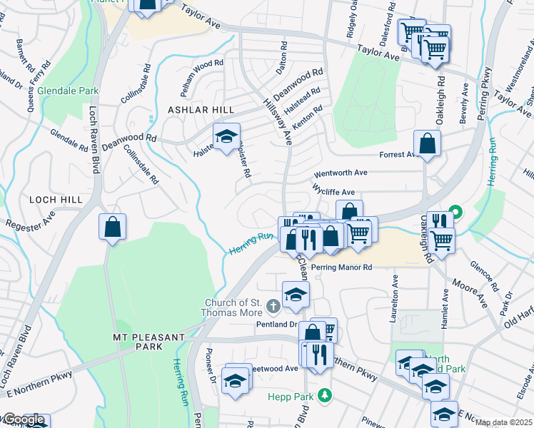 map of restaurants, bars, coffee shops, grocery stores, and more near Comet Court in Parkville