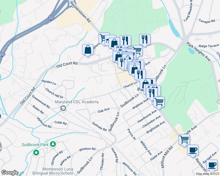 map of restaurants, bars, coffee shops, grocery stores, and more near 16 Gala Lane in Pikesville