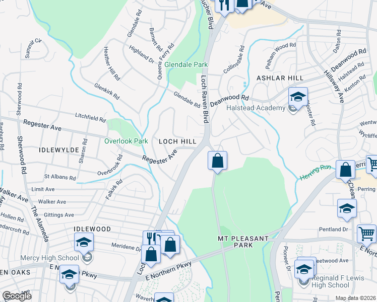 map of restaurants, bars, coffee shops, grocery stores, and more near 6580 Loch Raven Boulevard in Baltimore