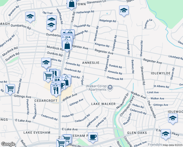 map of restaurants, bars, coffee shops, grocery stores, and more near 636 Overbrook Road in Baltimore