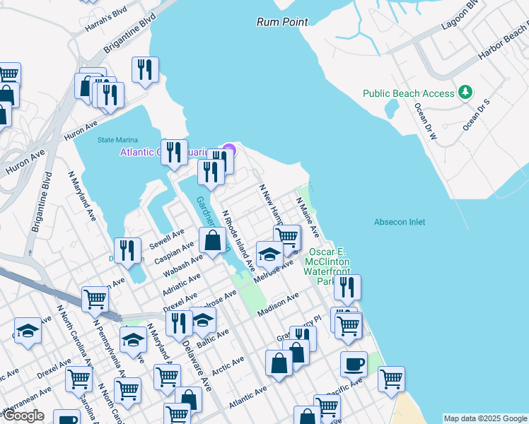 map of restaurants, bars, coffee shops, grocery stores, and more near 1 Lighthouse Court in Atlantic City