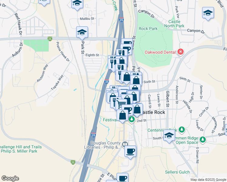 map of restaurants, bars, coffee shops, grocery stores, and more near 531 Jerry Street in Castle Rock