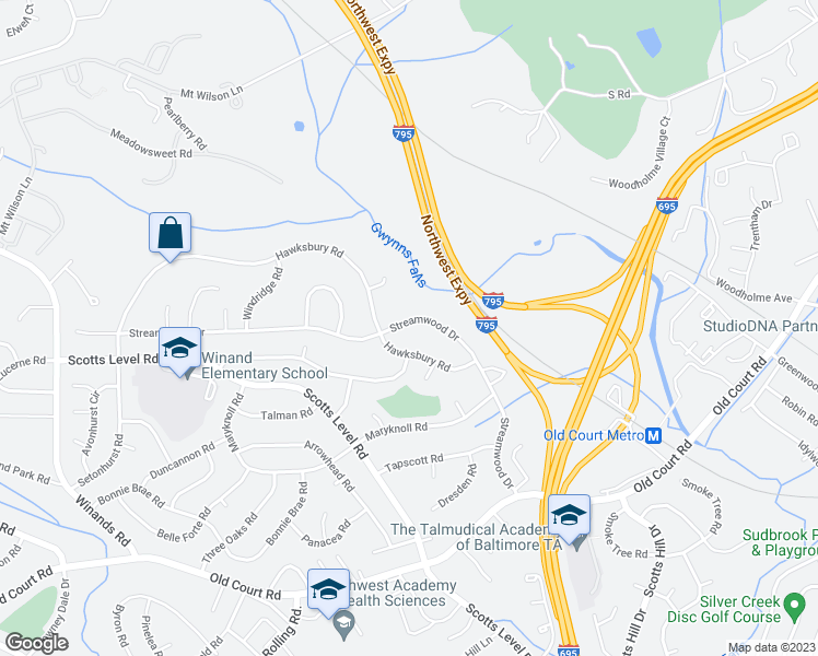 map of restaurants, bars, coffee shops, grocery stores, and more near 8229 Streamwood Drive in Pikesville