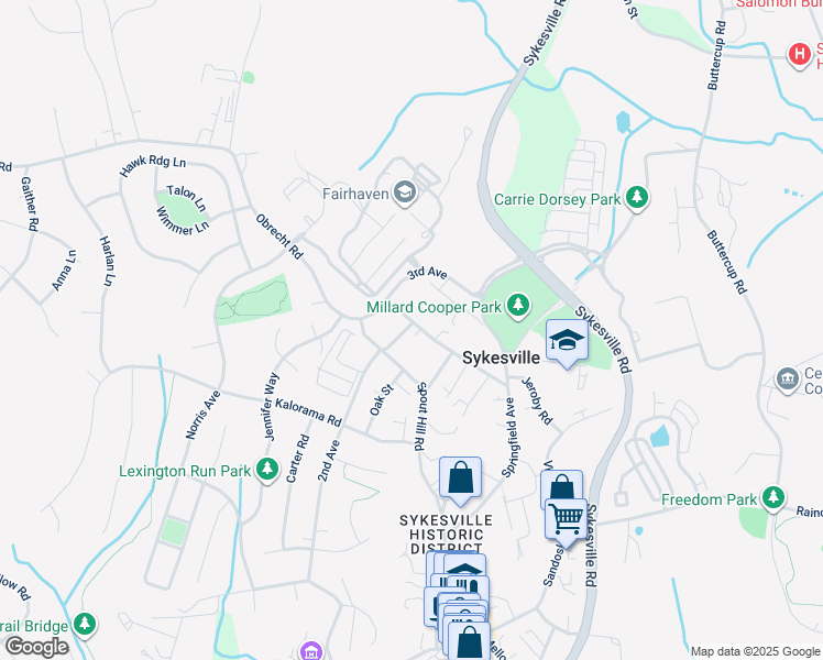 map of restaurants, bars, coffee shops, grocery stores, and more near 721 Central Avenue in Sykesville