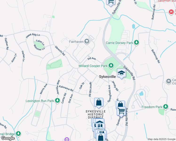 map of restaurants, bars, coffee shops, grocery stores, and more near 721 Central Avenue in Sykesville