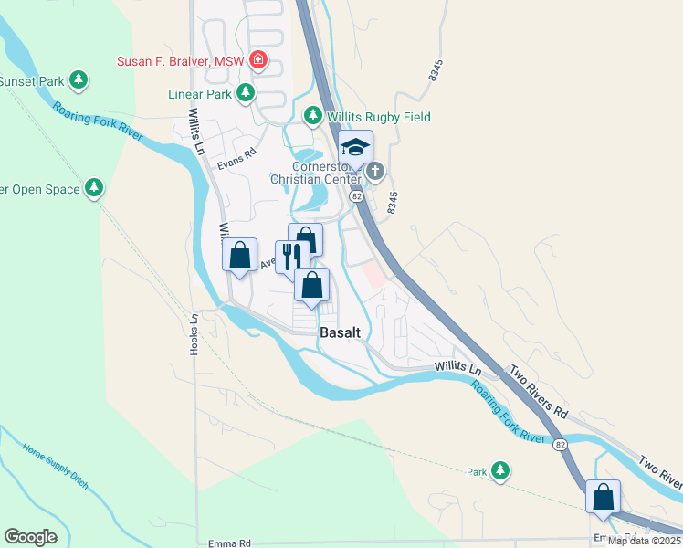 map of restaurants, bars, coffee shops, grocery stores, and more near 307-323 Park Avenue in Basalt