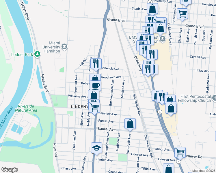 map of restaurants, bars, coffee shops, grocery stores, and more near 2141 Benninghofen Avenue in Hamilton