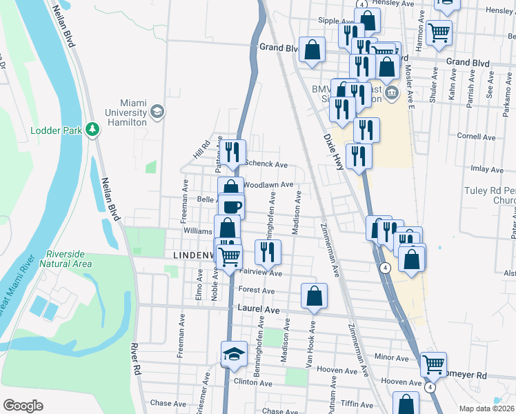 map of restaurants, bars, coffee shops, grocery stores, and more near 2144 Pleasant Avenue in Hamilton