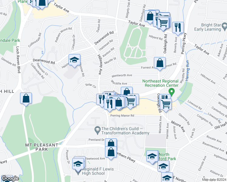 map of restaurants, bars, coffee shops, grocery stores, and more near 1702 Ryewood Road in Parkville