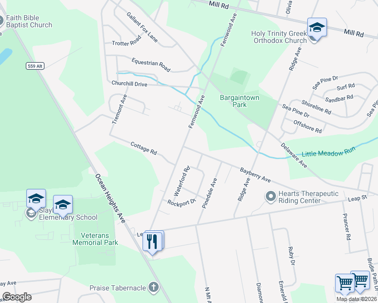 map of restaurants, bars, coffee shops, grocery stores, and more near 108 Bayberry Avenue in Egg Harbor Township