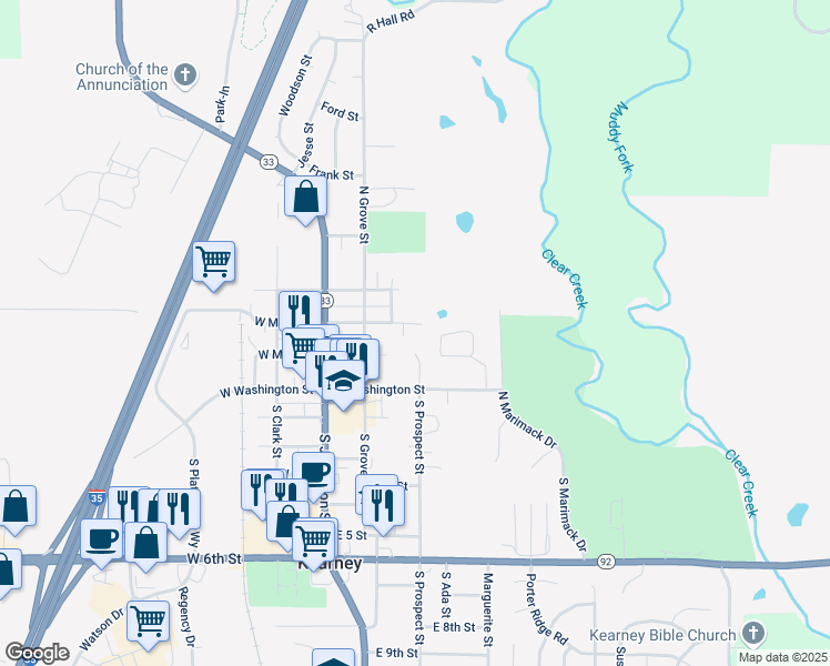 map of restaurants, bars, coffee shops, grocery stores, and more near 211 East Major Street in Kearney