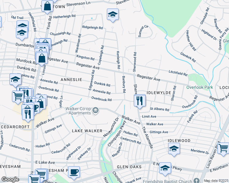 map of restaurants, bars, coffee shops, grocery stores, and more near 738 Anneslie Road in Baltimore