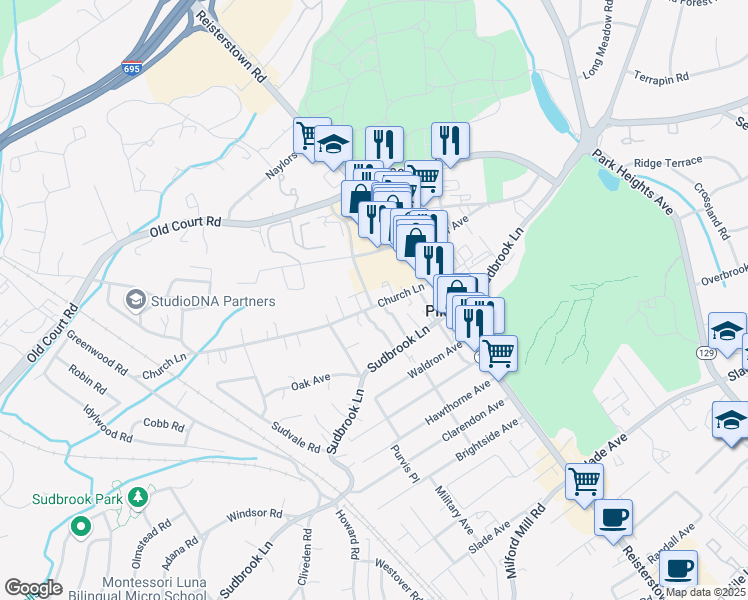 map of restaurants, bars, coffee shops, grocery stores, and more near 1310 Bedford Avenue in Pikesville