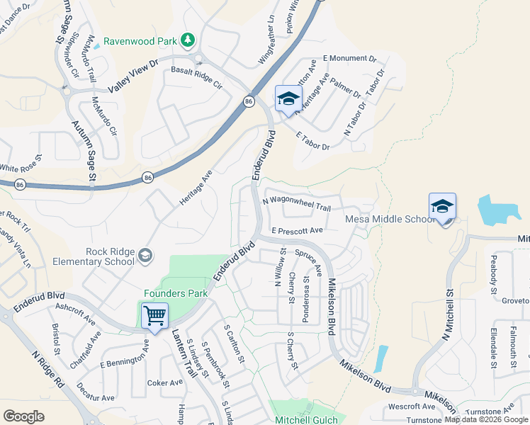 map of restaurants, bars, coffee shops, grocery stores, and more near 5209 East Prescott Avenue in Castle Rock